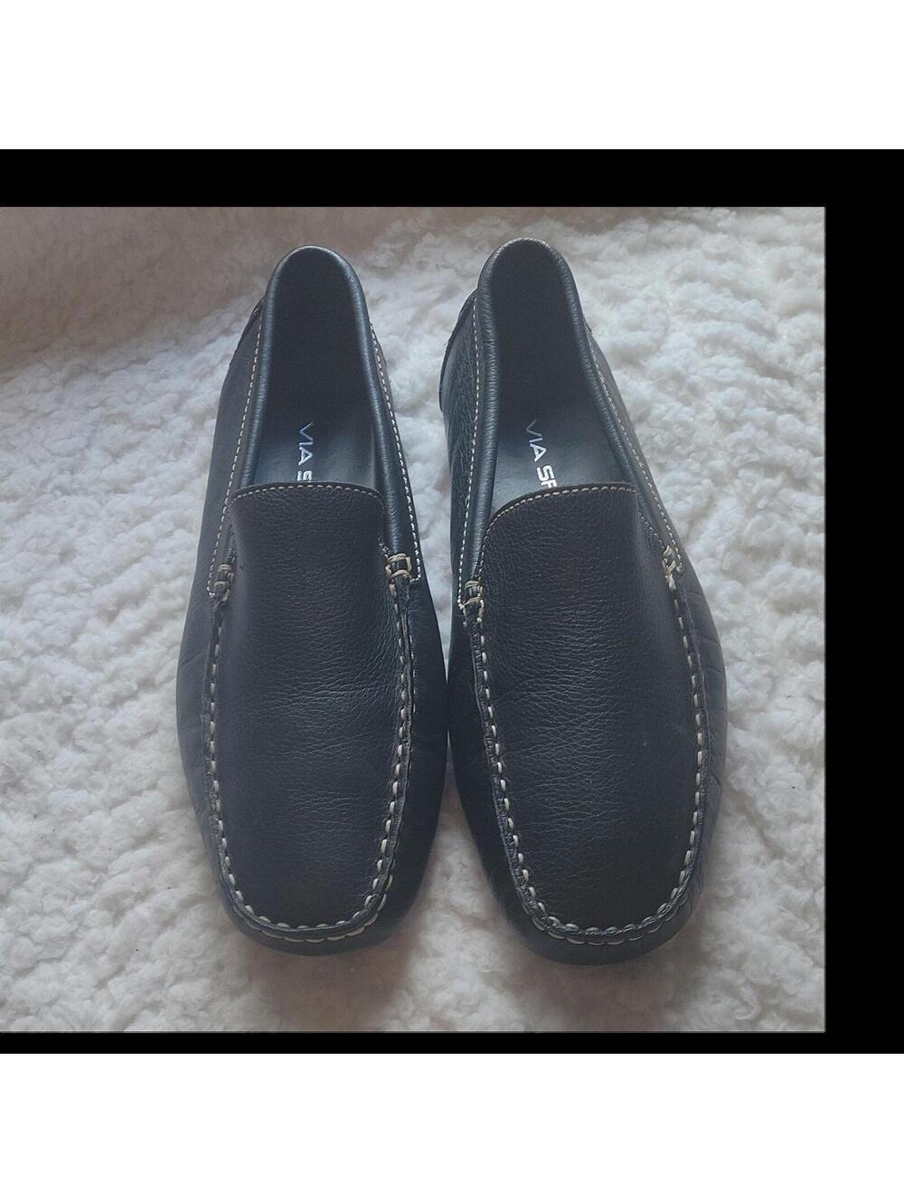 Via Spiga Black Leather Loafer Driver Men's Casual Slip On Contrast Stitch 7.5M